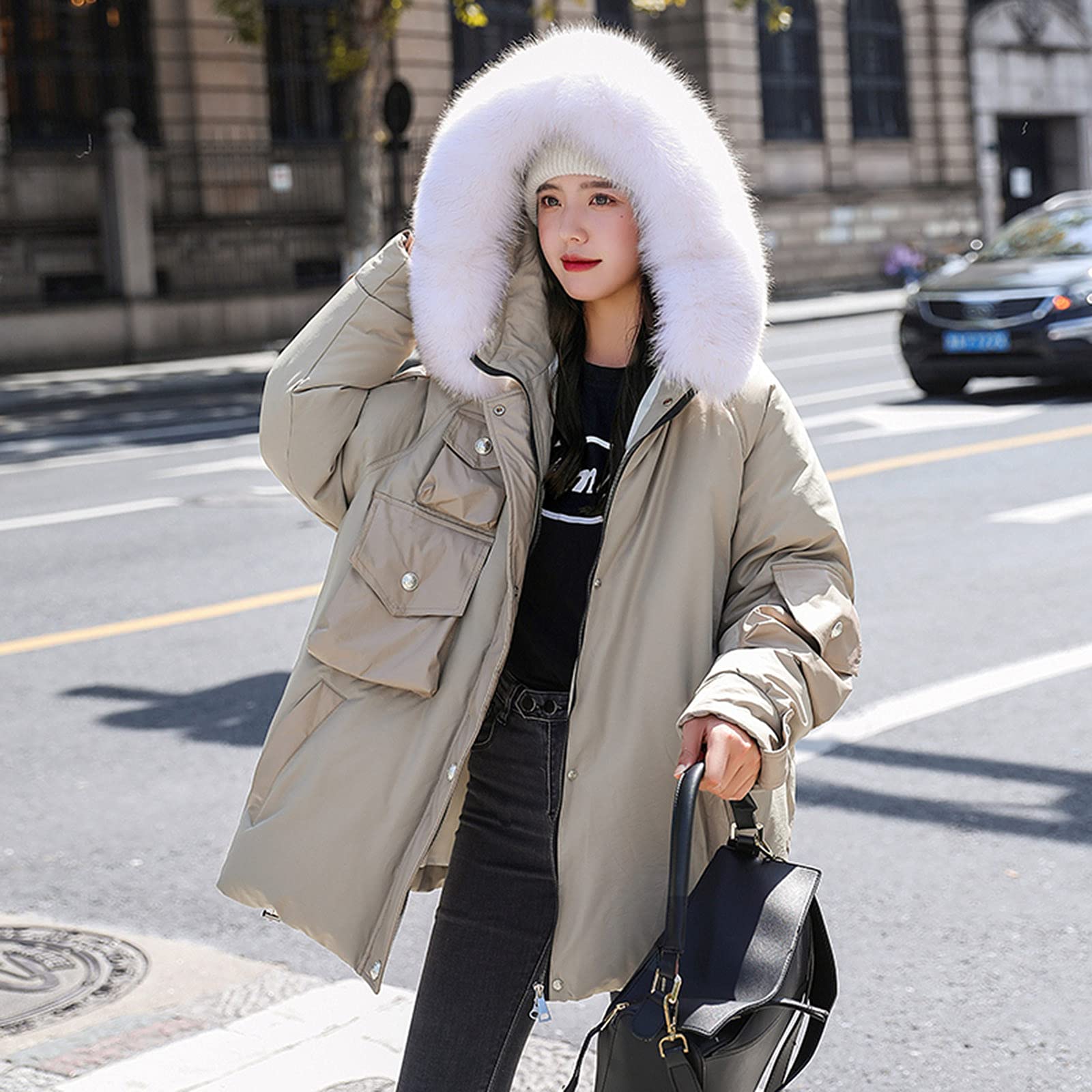 Chaqueta de invierno para mujer con capucha de piel sintética, abrigo de invierno cálido, cortavientos, chaqueta con capucha, chaqueta acolchada para exteriores, chaqueta funcional holgada, talla