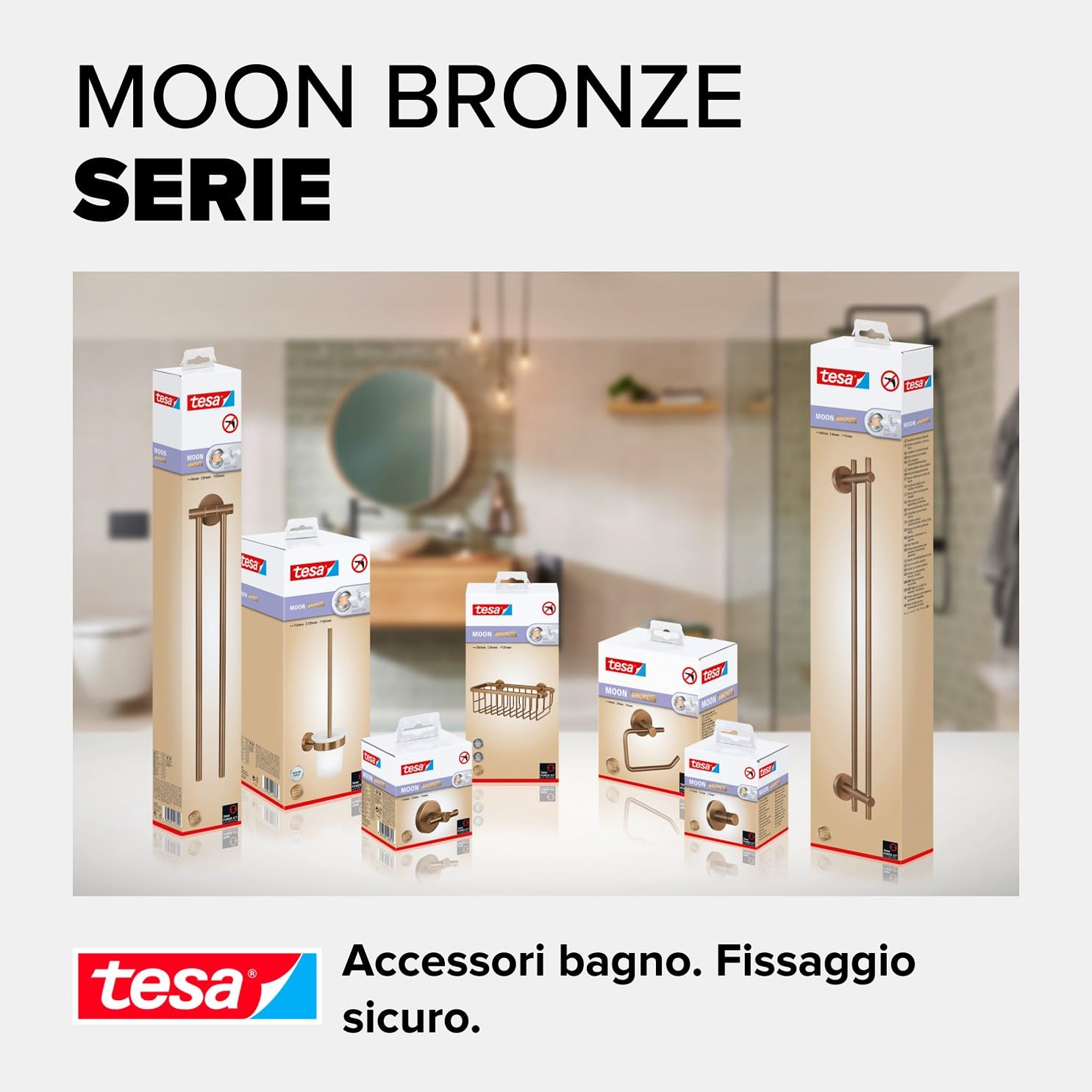 Tesa® MOON Gancio per accappatoio in bronzo spazzolato - Gancio autoadesivo in metallo rivestito in PVD - non richiede foratura, soluzione adesiva inclusa - 50 mm x 65 mm x 53 mm