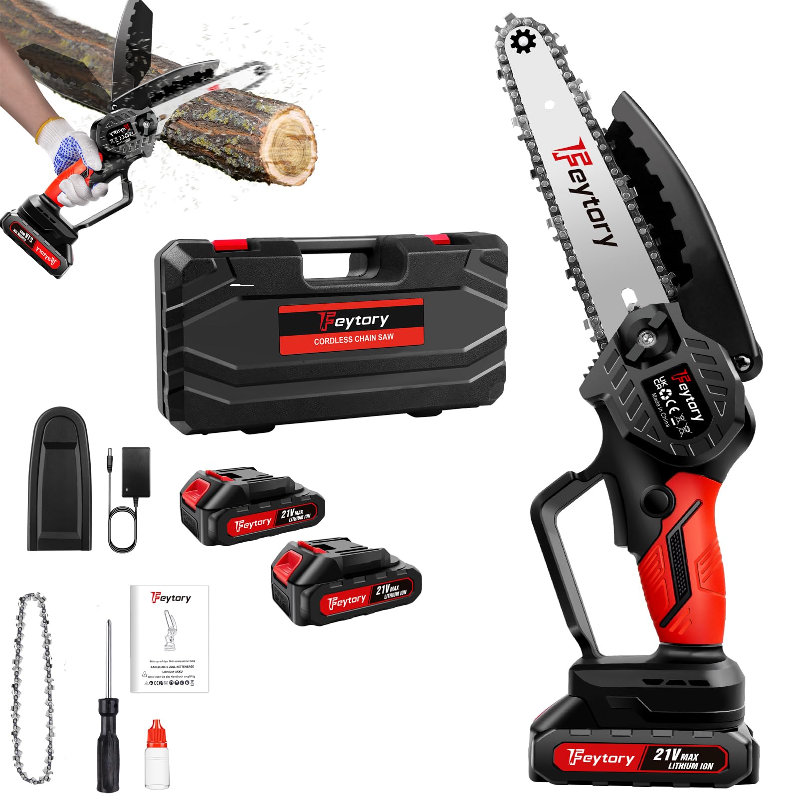 Mini Chainsaw Cordless 6-Inch Handheld Small Chain Saw with 2X Battery & Charger, 21V Battery Powered Portable Electric Mini Chainsaw w/Safety Lock for Courtyard Garden Household Tree Branch Trimming