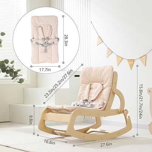 Miniatura 2 de Silla mecedora de madera ajustable 3 en 1, diseño ergonómico, con cojín extraíble, cinturón de seguridad y refuerzo, reclinable para bebés y niños