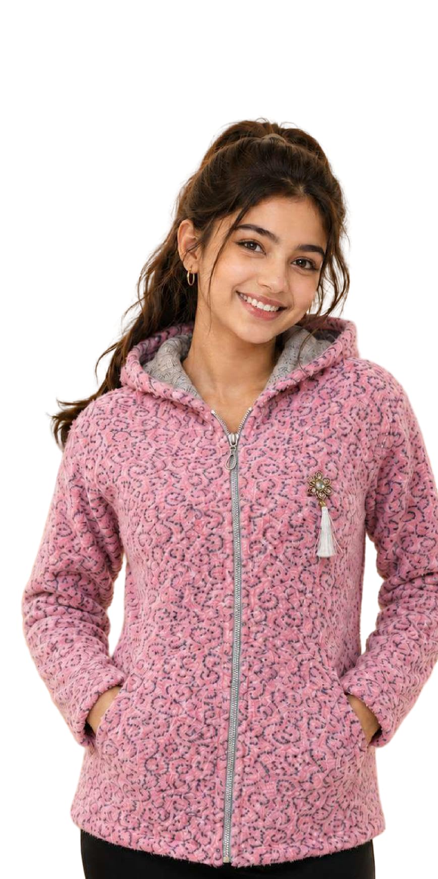 Women’s Pink Fuzzy Hooded Winter Jacket – Soft Plush Hair Top with Front Zip Closure, Full Sleeves, Cozy Warm Lightweight Hoodie, Stylish Casual Winter Outerwear for Ladies-picture-20