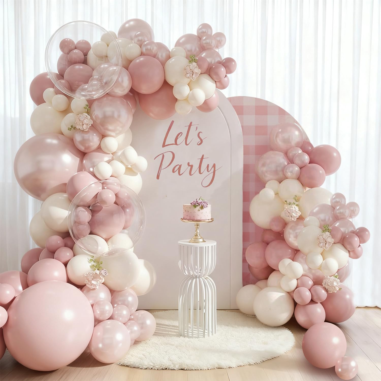 Retro Pink Balloons Arch Kit, 111pcs Blush Pink Balloon Garland with Pearl White Beige Clear Balloons, Pearl Dusty pink Balloon Party Decorations for Birthday, Girls Baby Shower, Wedding, Engagement