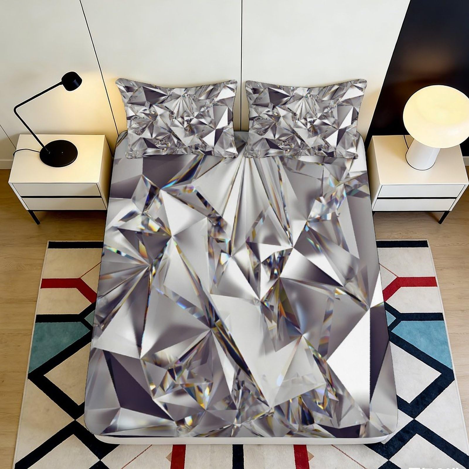 3D Printed Geometric Diamond Fitted Sheet Microfiber Silver Abstract Mattress Cover for Bedroom Guest Room Decor 90x200x25cm
