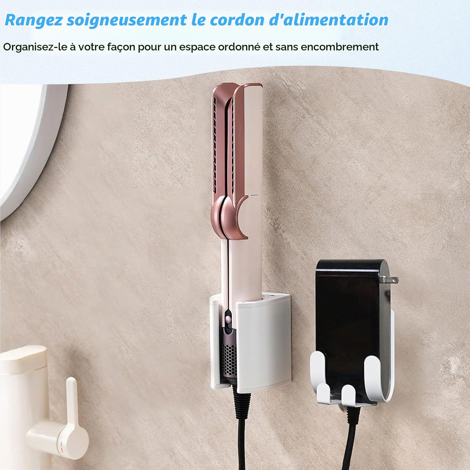 Support mural compatible avec Dyson Airstrait/Airwrap/Corrale/HD17, aluminium Airstrait HT01 avec support de câble d'alimentation, base sans perçage