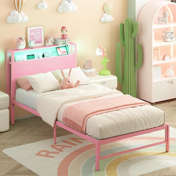 Weehom Twin Bed Frames with 2 Tiers Wood Storage Shelves Headboard Kids Bed | Twin Size Bed with Charger Stations and LED Light, Under Bed Storage Space, Metal Platform Bed for Girls and Adults, Pink