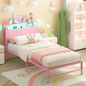 Weehom Twin Bed Frames with 2 Tiers Wood Storage Shelves Headboard Kids Bed | Twin Size Bed with Charger Stations and LED Light, Under Bed Storage Space, Metal Platform Bed for Girls and Adults, Pink