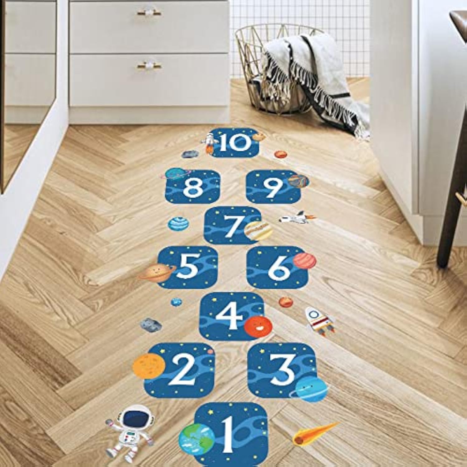 Jaexest Universe Number 1 to10 Hopscotch Footprint Floor Stickers, Outer Space Floor Stickers,Cartoon Starry DIY Digital Planet Rocket Game Decal for Nursery Kid Room Decor,