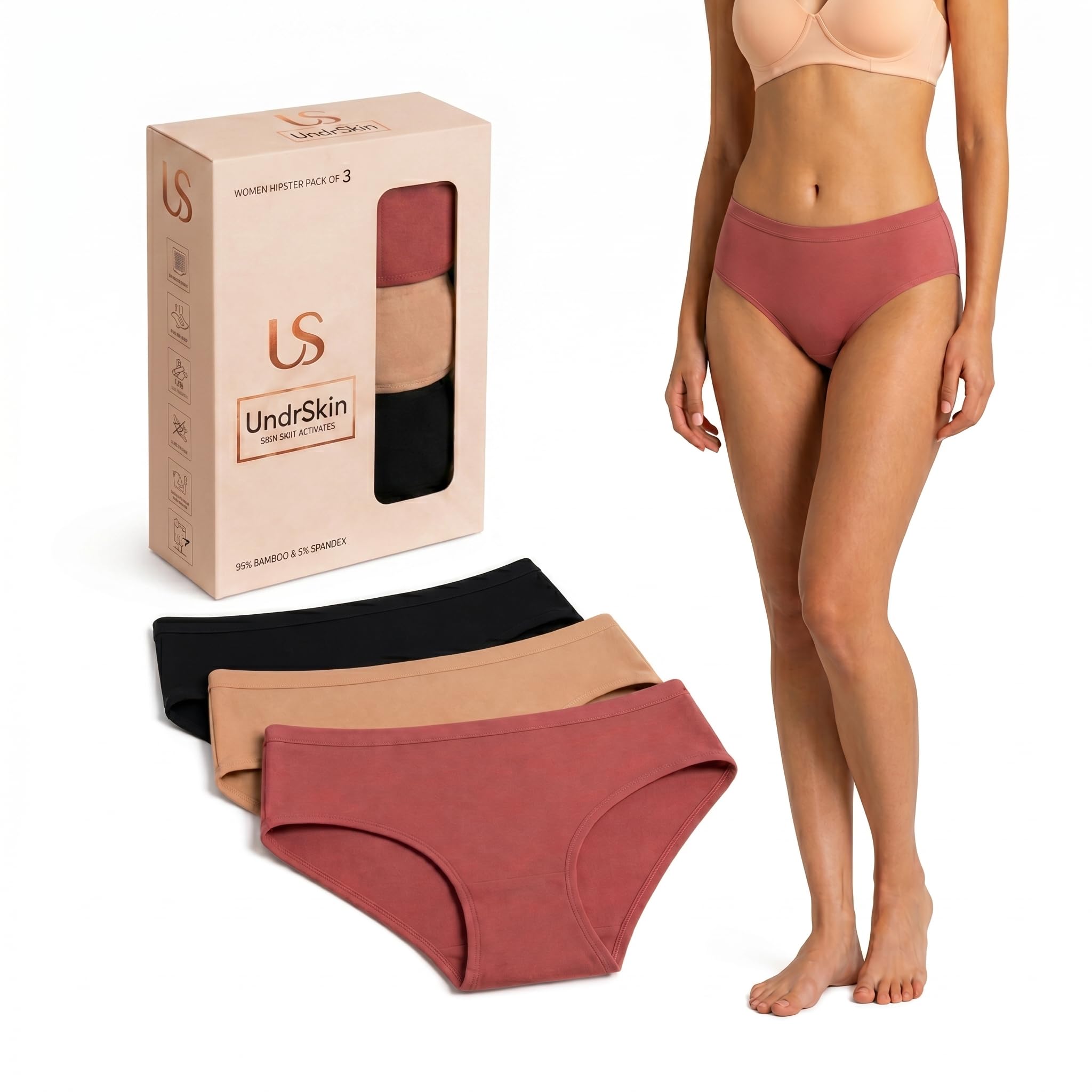 undrskin Women’s Luxury Bamboo Hipster Panty | 95% Bamboo| Soft & Breathable Skin-Friendly Innerwear | Anti-Microbial Moisture-Wicking Comfort| Everyday Trio 2 |Pack of 3 (Solids)-picture-15