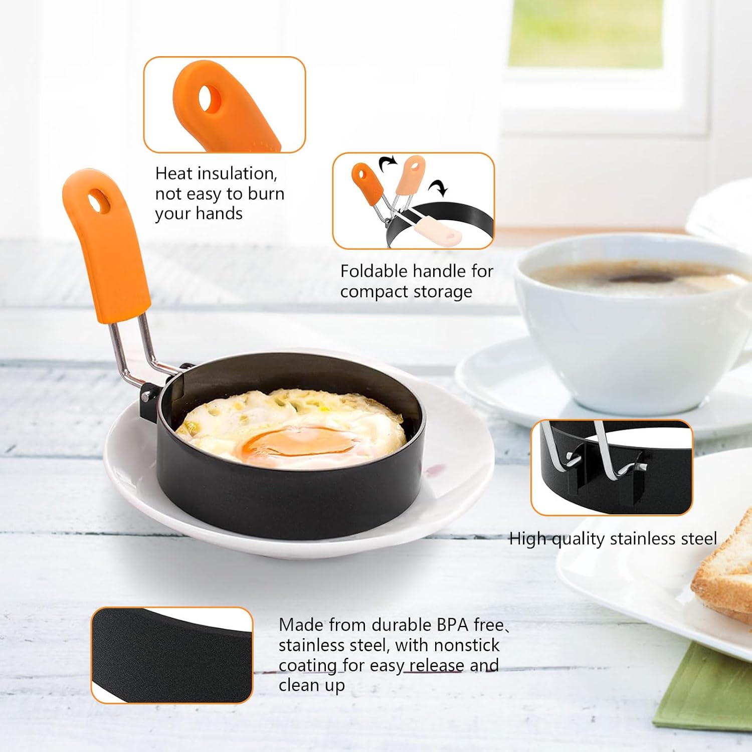 6 Packs Professional Pancake Ring Set,3" Omelette Ring,4" Non-stick Griddle Pancake Shapers with Oil Brush,6" Stainless Fried Egg Molds with Orange Anti-scald Silicone Handle,8" Pancake Molds