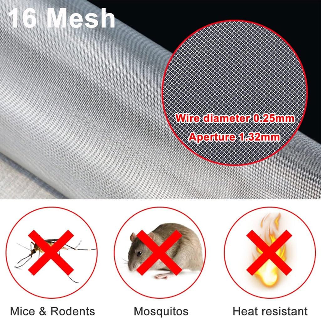 Malla de alambre tejida de acero inoxidable duradera 16, resistente al óxido, para armarios, ventanas, desagües de suelo y redes de aves de corral, 1,2 x 2 m