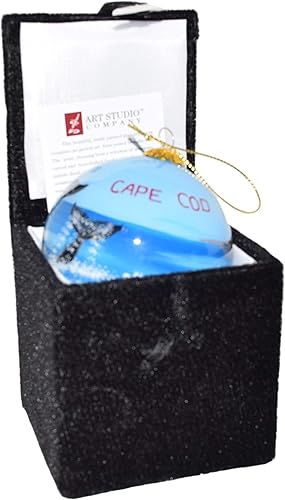 Miniatura 4 de Adorno de Navidad de vidrio soplado Colas de ballena con faro Cape Cod Pintado a mano en el interior Arte original Incluye caja de regalo