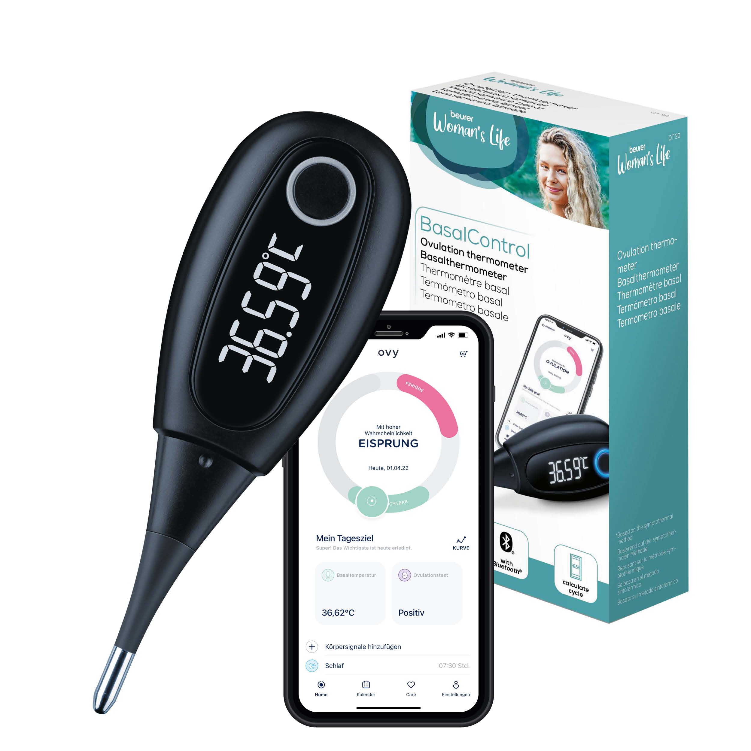 Beurer OT 30 Thermomètre Basal Connecté Bluetooth, Digital avec Application pour Détermination de l'Ovulation et Planification de la Grossesse , Noir