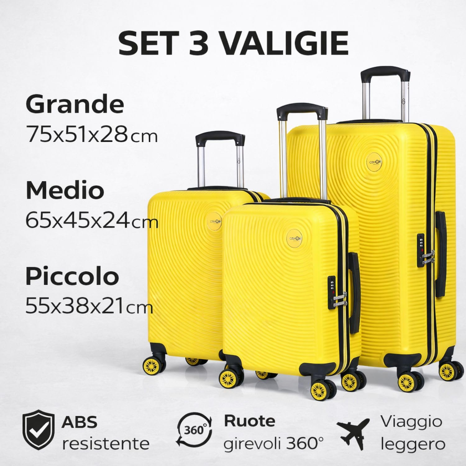 CABIN GO 5513 - Set di 3 valigie - bagaglio a mano da 55 cm, valigia media da 65 cm, valigia grande da 76 cm, in ABS rigido.
