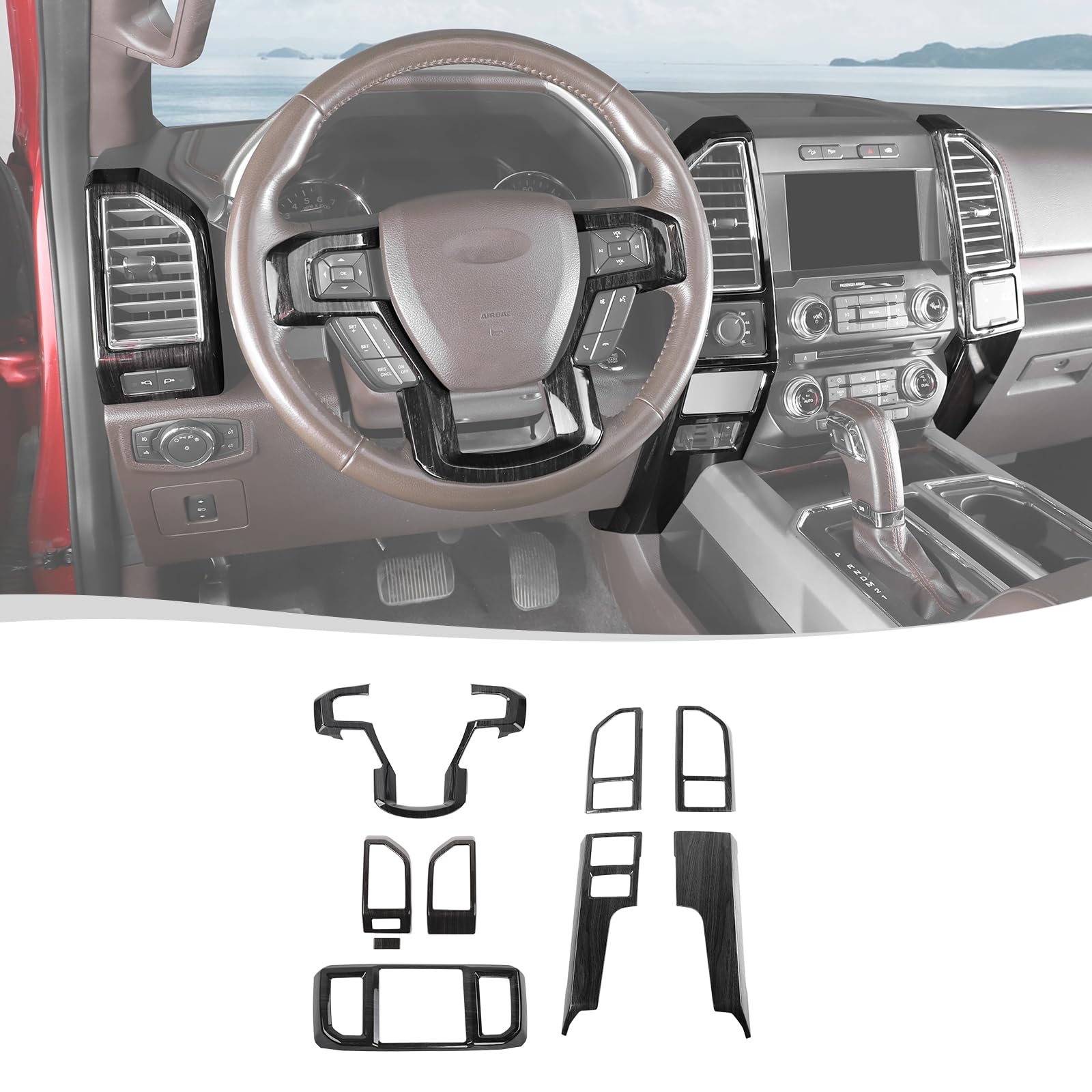 Voodonala for F-150 2015-2020 Center Console Interior Trim Cover Kits Compatible with Ford F150 2015-2020(Black Wood,9Pcs/Set) with Trailer Switch Model