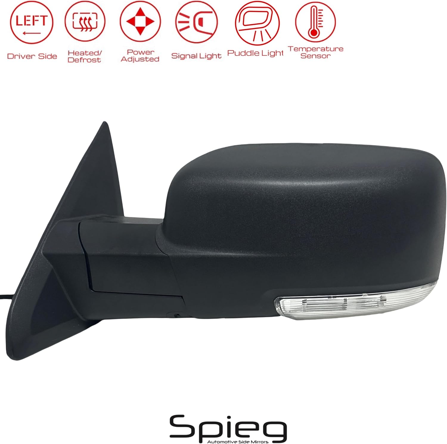 Spieg Driver Side Mirror for 2009-2018 RAM 1500 2500 | 2019-2022 RAM 1500 Classic Power Adj Heated Turn Signal Manual Folding Puddle Light Temperature Sensor Textured Left CH1320355