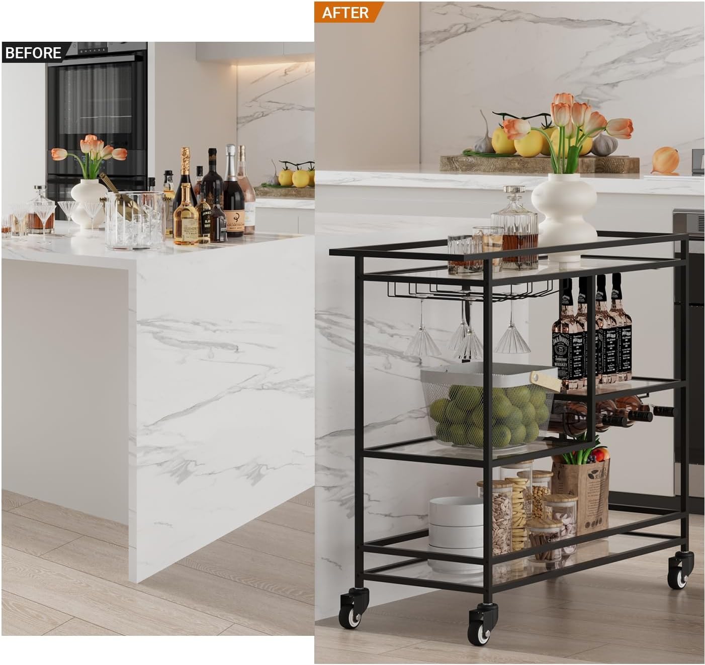 Black Bar Cart, Home Bar Serving Cart with Handle, Wine Cart with 3-Tier Glass Shelves, Beverage Cart with Wine Rack and Glass Holder, Bar Carts for The Home, Dining Room