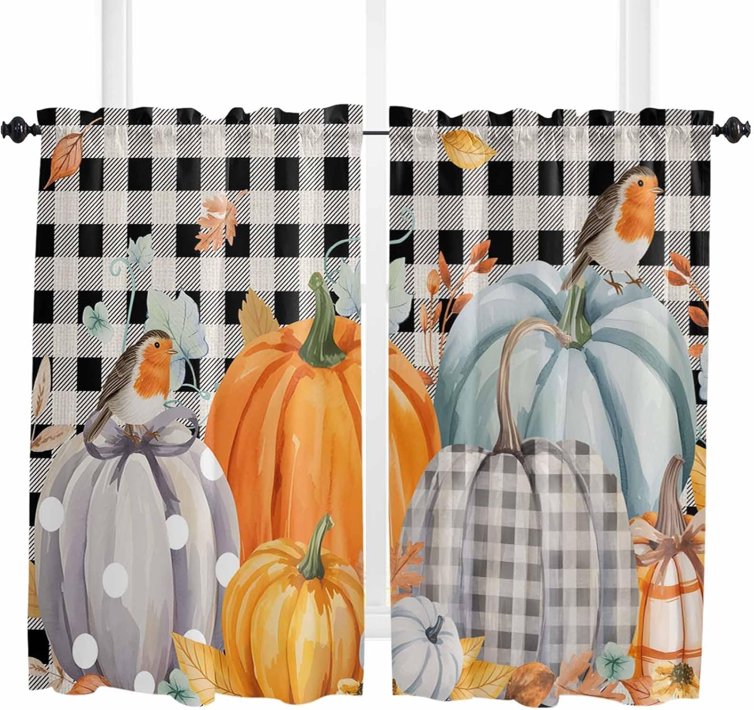 Pumpkins Fall Kitchen Curtains, Orange Thanksgiving Botanical Black White Plaid Light Filtering Window Curtain, 2Pcs Rod Pocket Window Treatments Set for Study Room Bathroom Bedroom 52x54 Inches