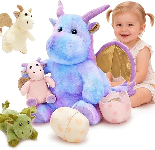Tezituor Animales de peluche de dinosaurio, juguete de peluche para niñas y niños, una mamá dinosaurio con 3 dinosaurios bebés, triceratops,