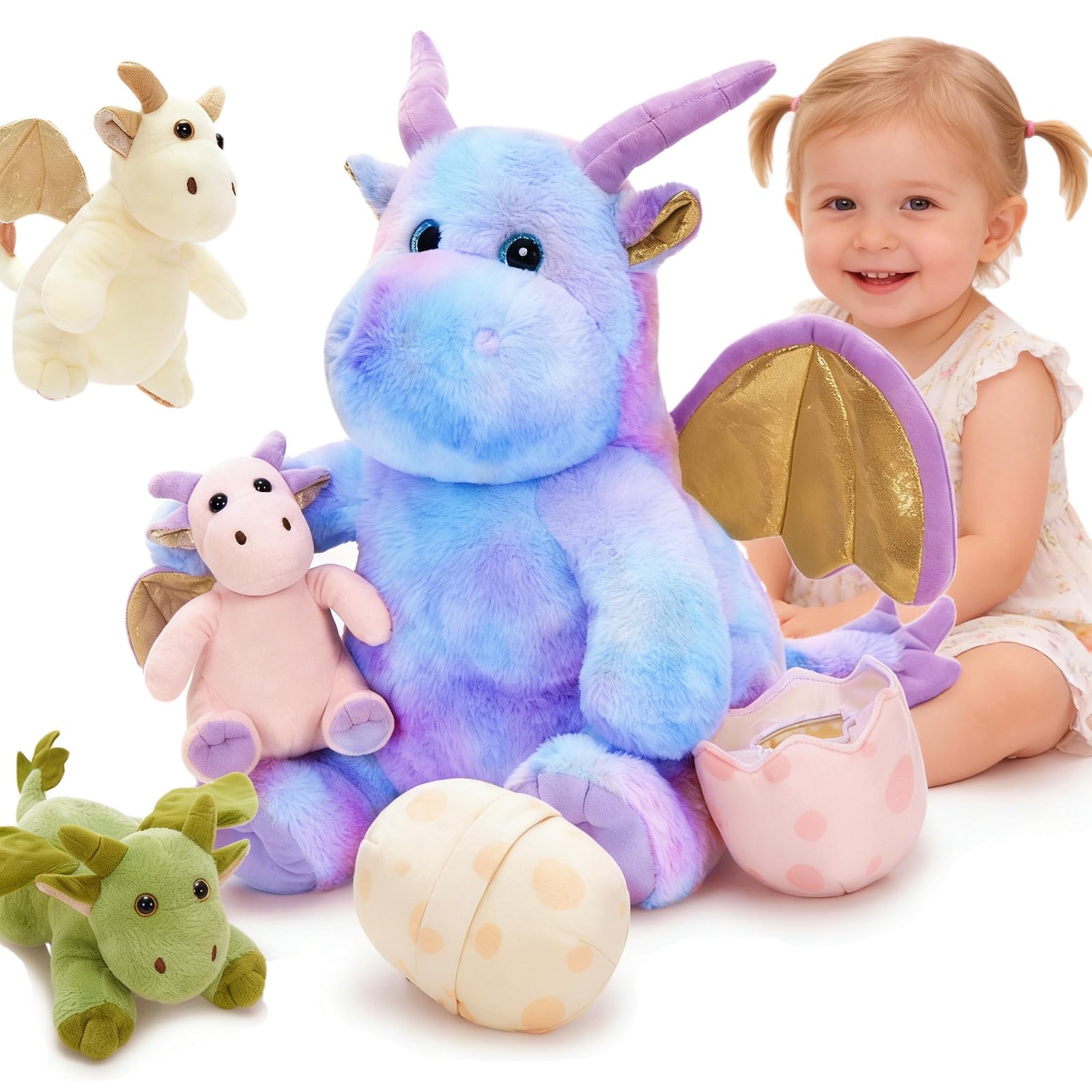 Tezituor Purple Stuffed Dinosaur for Girls Cute Dragon Stuffed Animal 6 Pcs Mommy Dino Plush Toy with 3