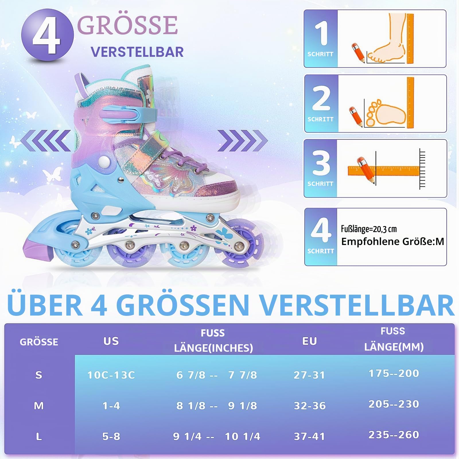 Nattork Kinder Inliner für Mädchen, 4 Größen Verstellbare Inline Skates, Schmetterling Inline Rollschuhe für Mädchen