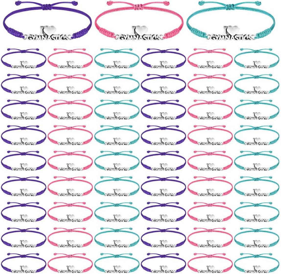 Sureio 48 Pcs Gymnastics Bracelets Gifts for Girls Bulk Gymnastics Party Favors Sport Adjustable Rope Braided Bracelet Team Gifts Bulk Sports for Teen Women Gymnasts