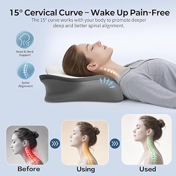 Pain Relief Cervical Neck Pillow, Ergonomic Contour | Q-Max Cooling | Non-Temperature Memory Foam | Side/Back/Stomach Sleeper Support for Sleeping, Reading, Scrolling,(White & Dark Grey)