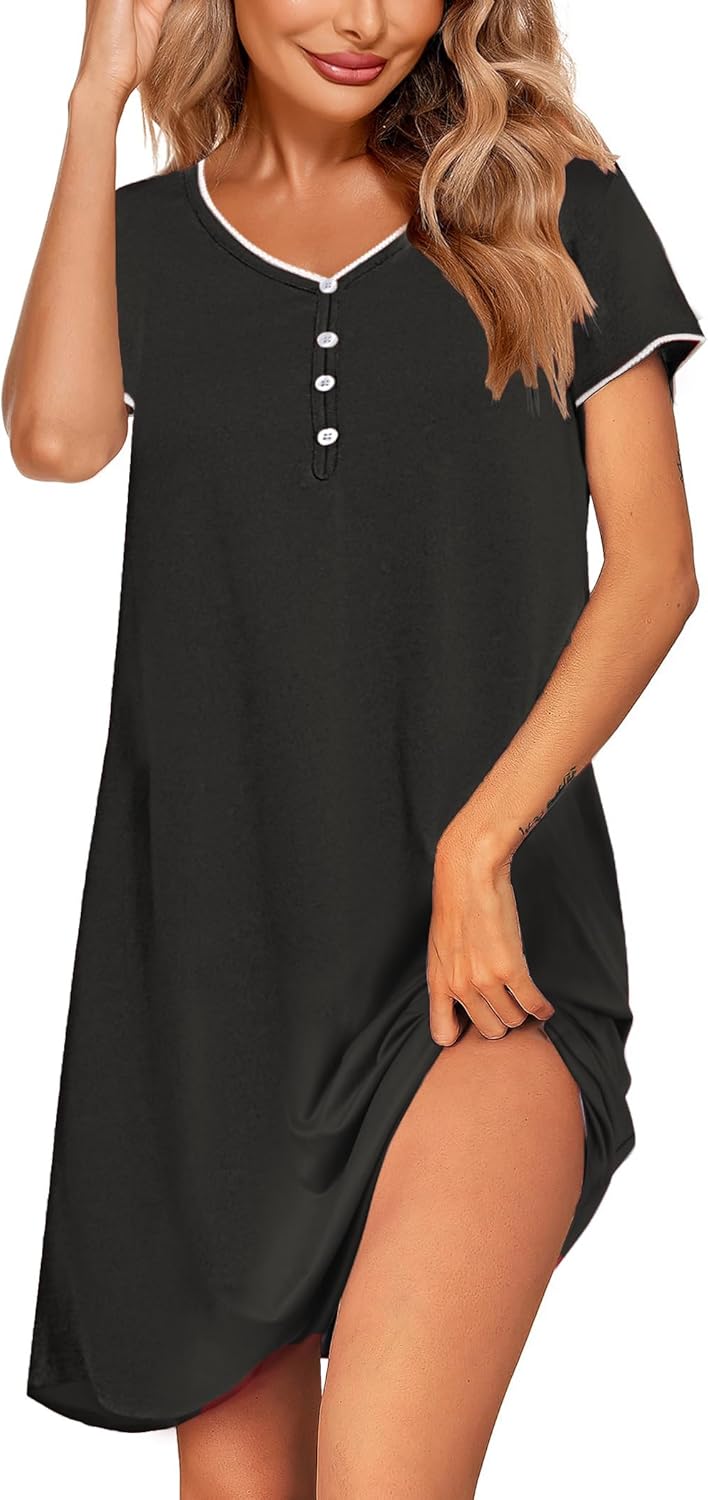 Ekouaer Sleep Shirts for women Nightgown Short Sleeve Night Shirts V Neck Casual Print Sleepwear Dress S-2XL