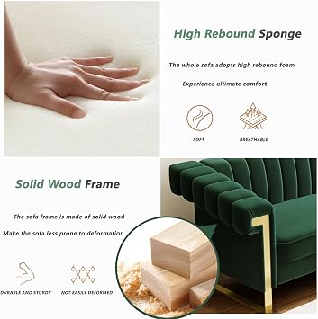 83.46 Emerald Green Velvet 3-Seater Sofa - High Arm Couch with Gold Metal Legs, Stain-Resistant & Pet-Friendly, 750LBS Support - Modern Accent Furniture for Living Room (08-81-Green)
