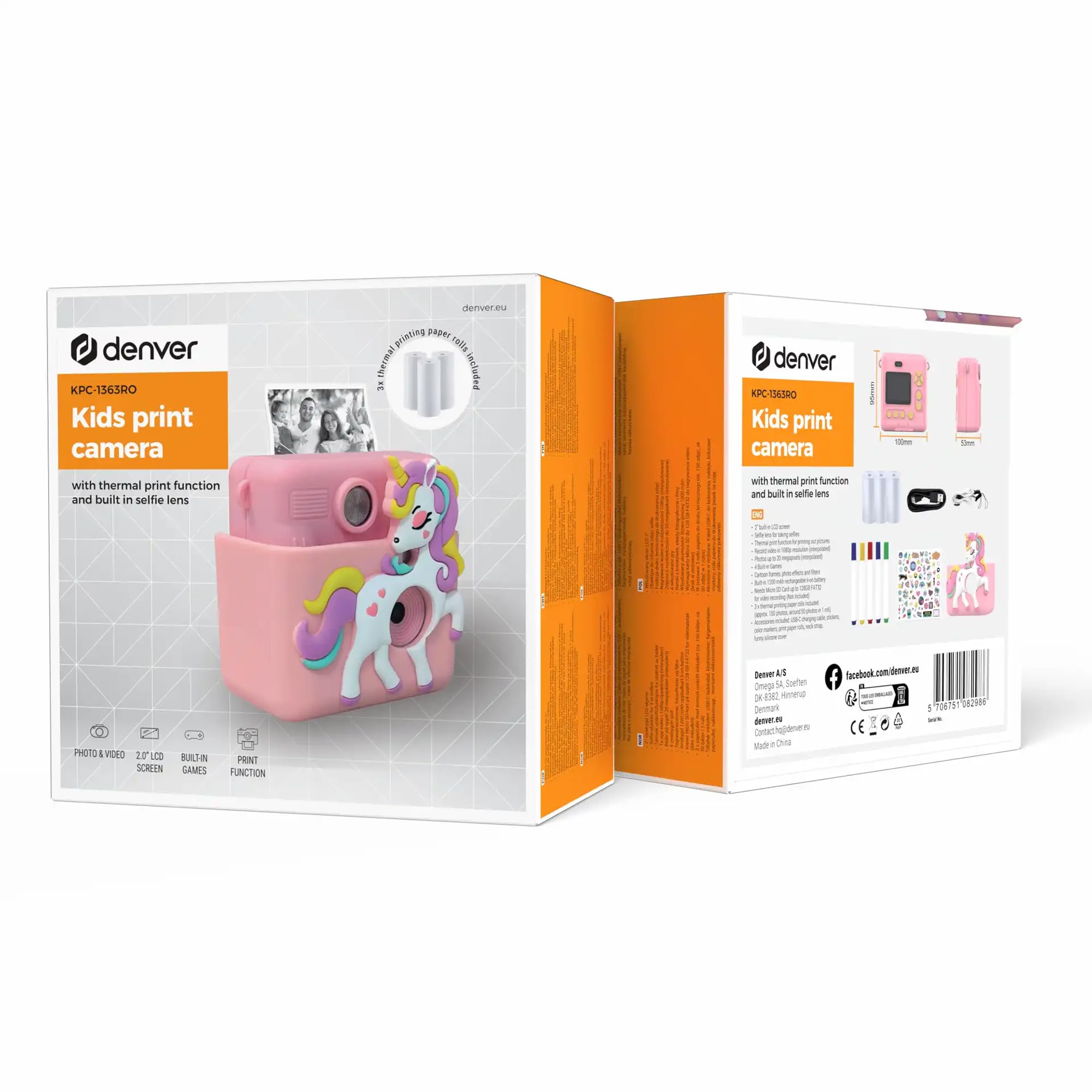 Denver KPC-1363RO Fotocamera Istantanea per Bambini con Stampa Termica, 20MP, Video Full HD 1080p, Schermo LCD 2”, Cover in Silicone, Rosa