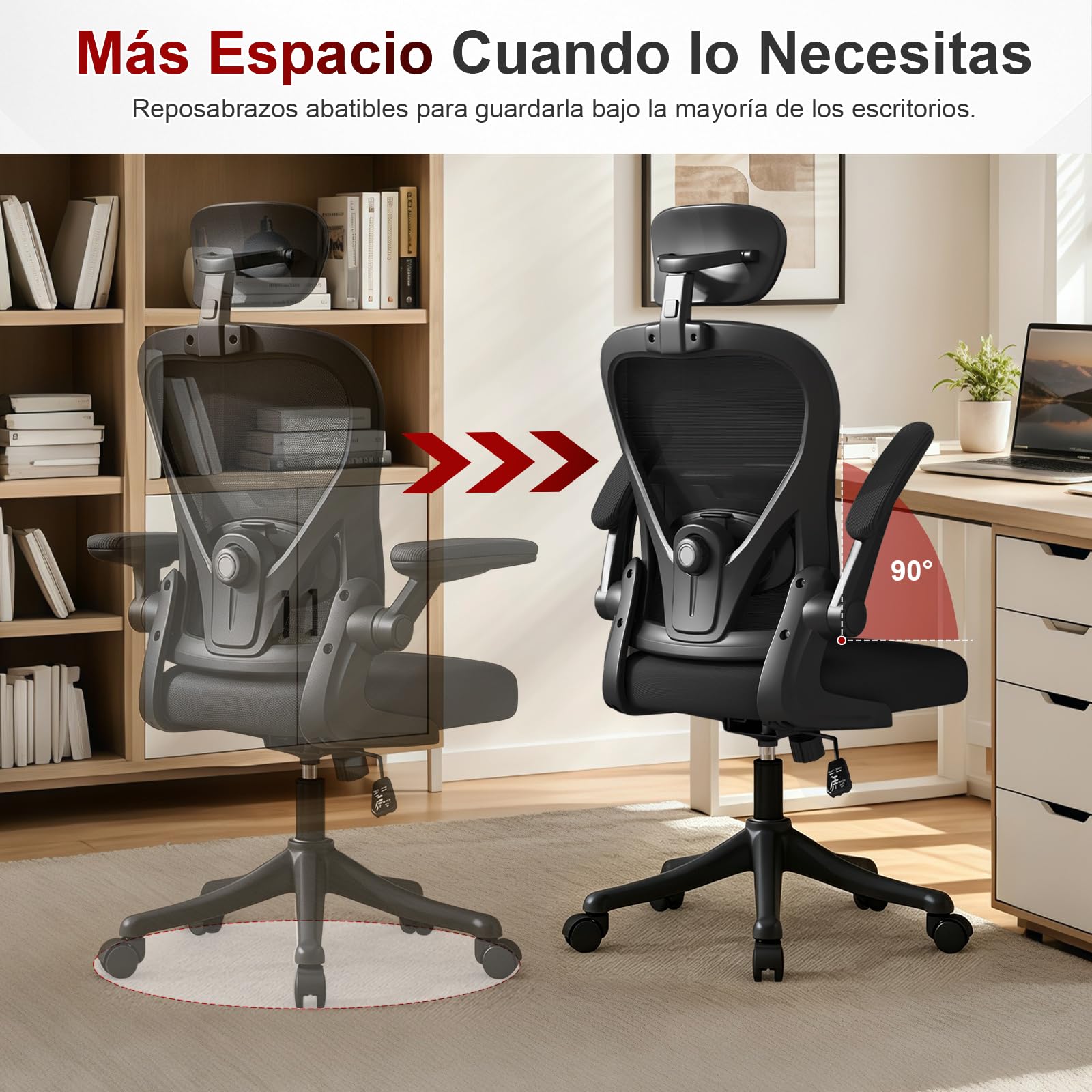 Silla Ergonómica de Oficina con Soporte Lumbar Ajustable, Reposacabezas Regulable y Reposabrazos Abatibles, Silla de Malla para Oficina en Casa, Estudio y Uso Diario, Negra