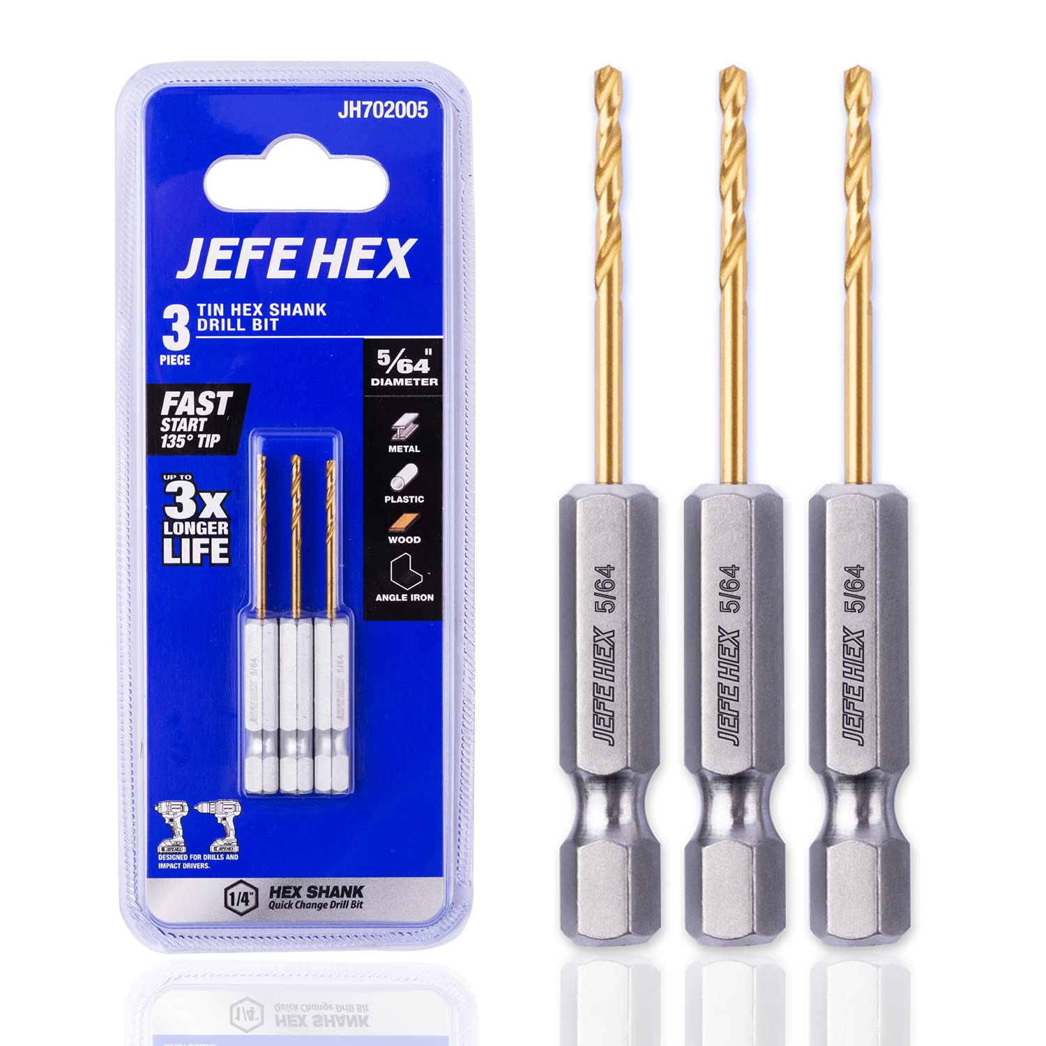 JEFE HEX 3-Pieces 5/64" Hex Shank Drill Bit, HSS Titanium Coated Drill Bit, 135 Degree Split Point for Accurate Hole, Twist Drill Bit(Pack of 3)