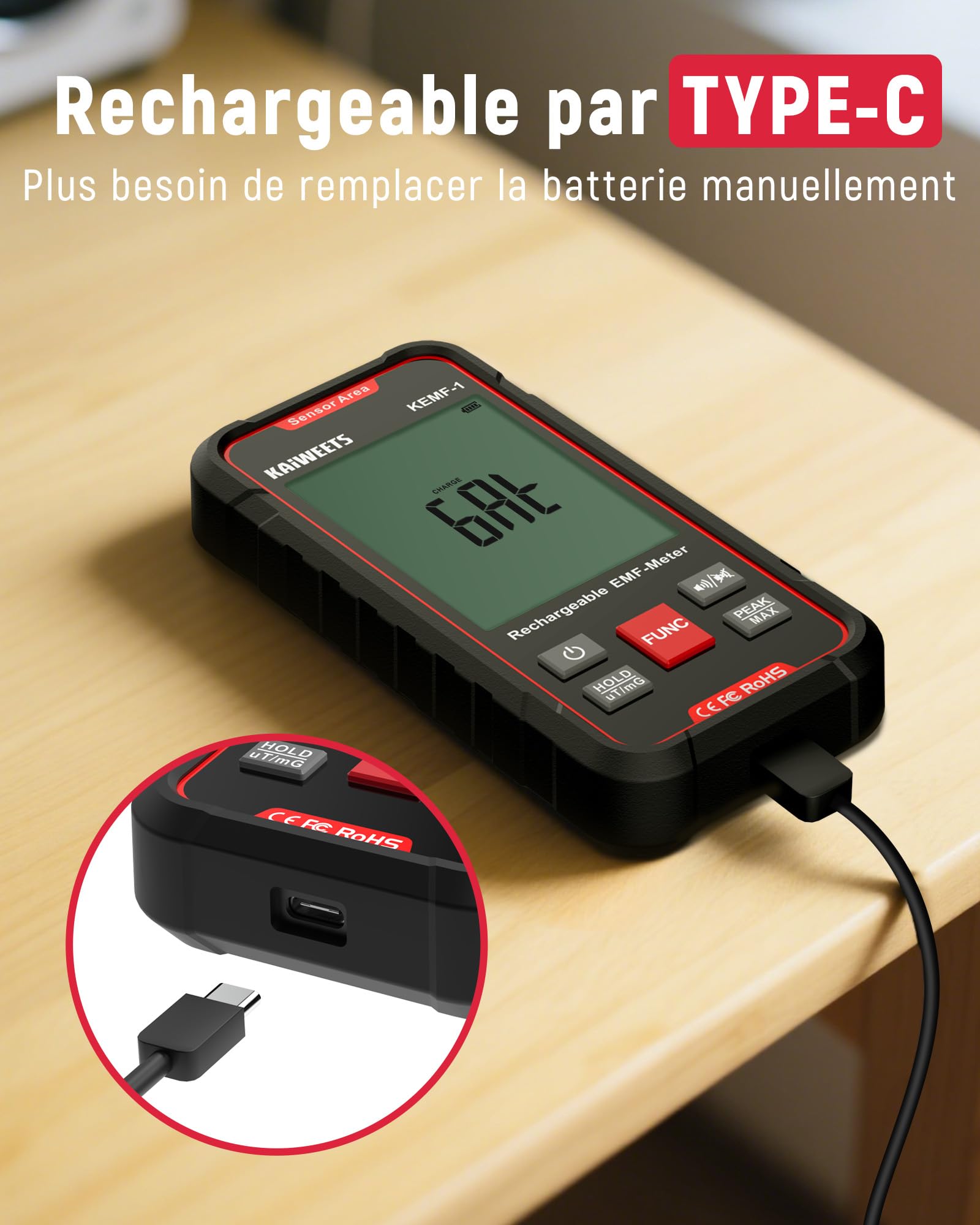 KAIWEETS Appareil de Mesure EMF Affichage Simultané des Données EF/MF/RF Écran LED Port de Charge de USB C Portable pour la Maison, le Bureau et l'extérieur