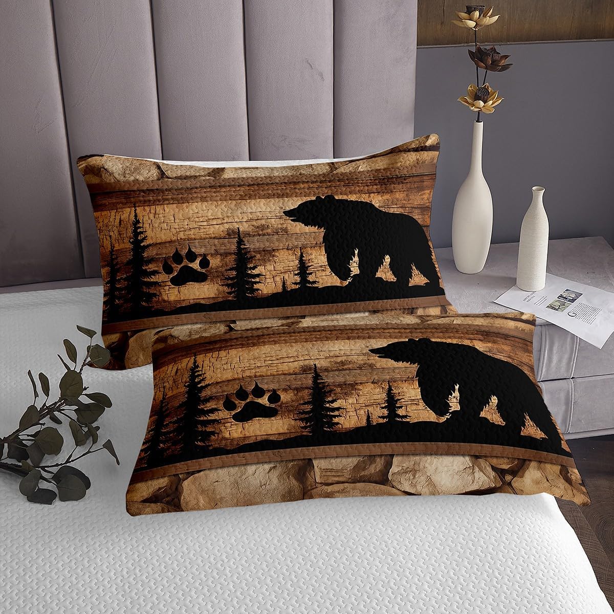 Erosebridal Black Bear Quilt Set King Brown Wooden Plank Bedspread Set,Animal Paw Print Pine Trees Coverlet Set Woodland Wildlife Retro Patchwork Bedding Set,Lodge Cabin Farmhouse Rustic Home Decor