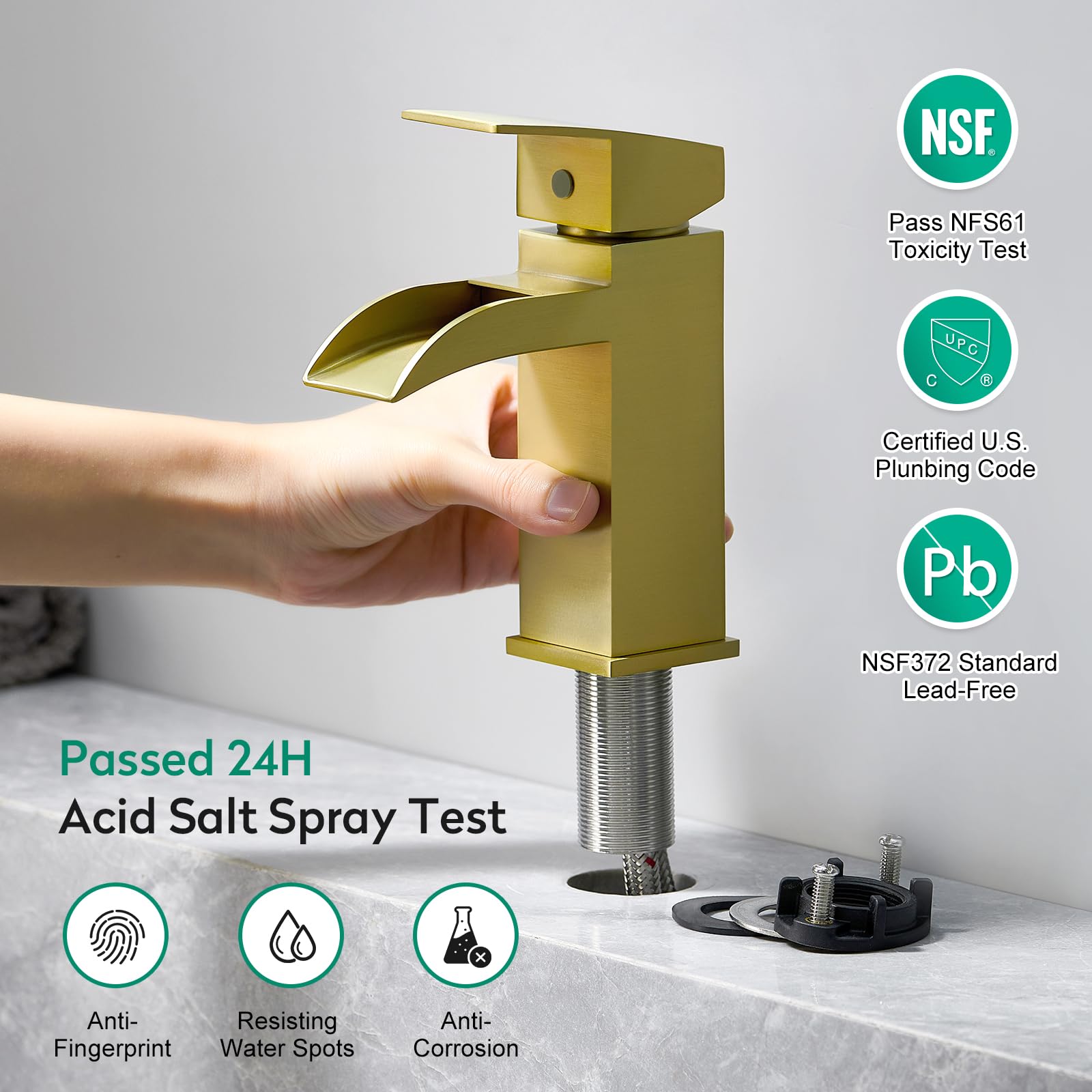 CREA Robinet de salle de bain cascade doré brossé 1 trou poignée unique robinet d'évier de salle de bain avec drain pop-up en acier inoxydable robinet mitigeur de lavabo ligne d'alimentation en eau