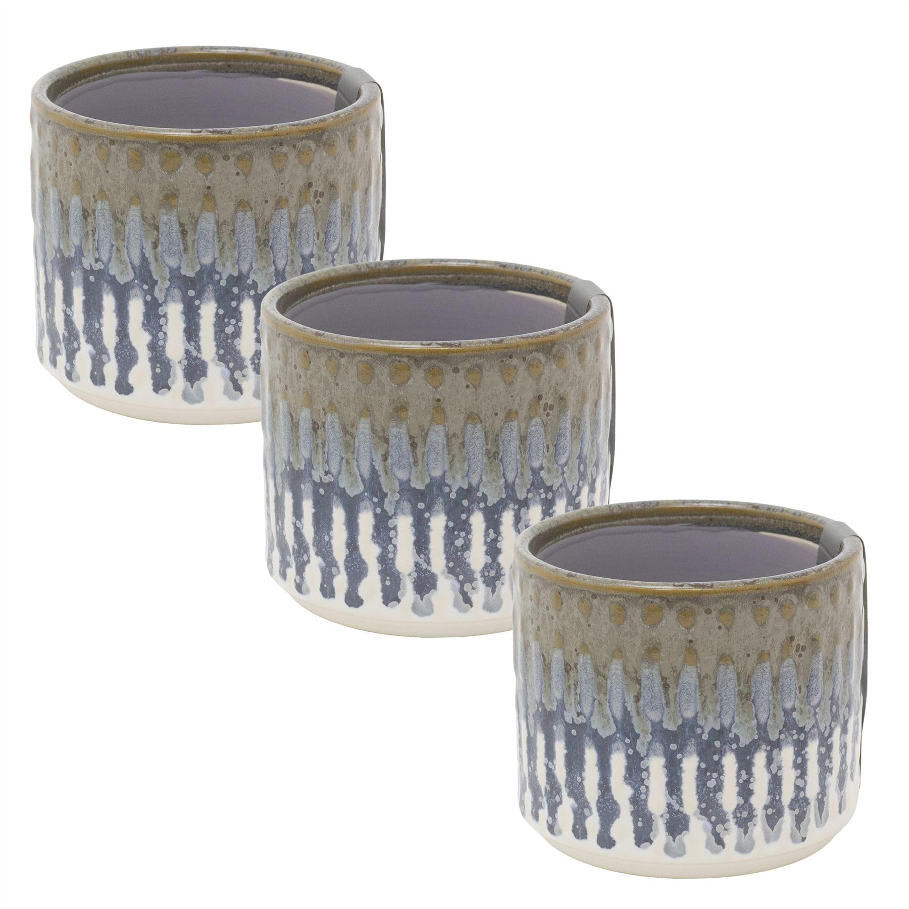 Carousel Home Blue Set Of 3 Mini Reactive Glaze Ceramic Plant Pots, 8Cm Small Succulent Planters Indoor Cactus Plant Pots Cachepots