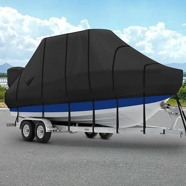 YimSting T Top Boat Cover, 1400D Heavy Duty Waterproof Hard Top Boat Cover with Metal Buckles & Motor Cover for Center Console Boat with T TOP Roof, Fits 24'-26'L & 108" W, Black