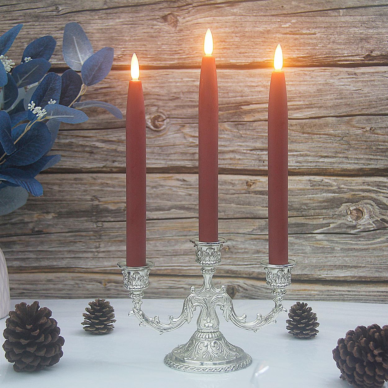 Flameless Taper Candles Battery Operated with Timer and Remote, LED Real Wax Tapered Dinner Candle, Window Candle Set of 3. Centerpieces for Dining, Table, Christmas, Wedding (Red)