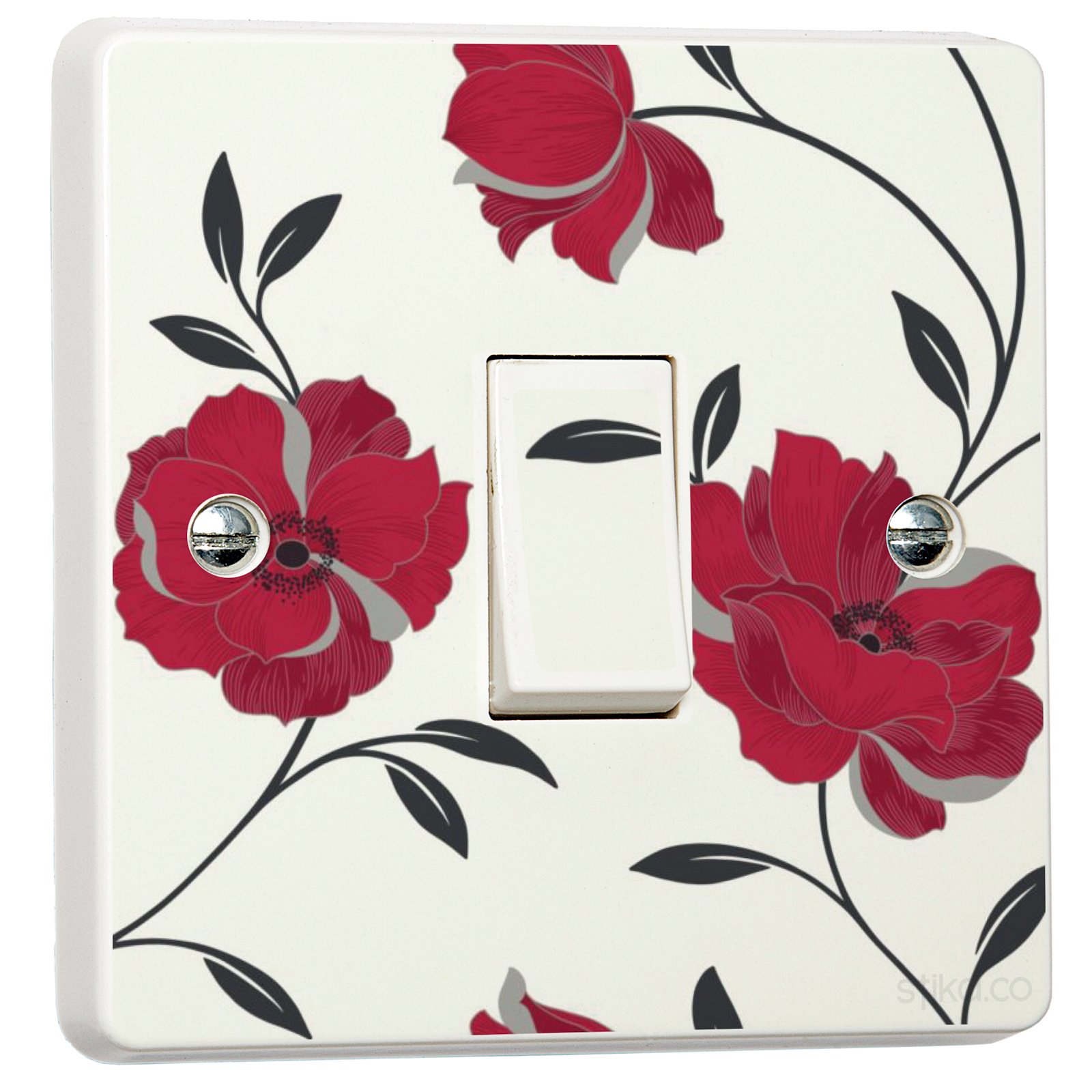 stika.co Pack of 2 Red Floral Wallpaper Pattern Light Switch Stickers, Self-Adhesive Vinyl Light Switch Cover, Home Decor, Single Switch with Cut-Out, Peel and Stick