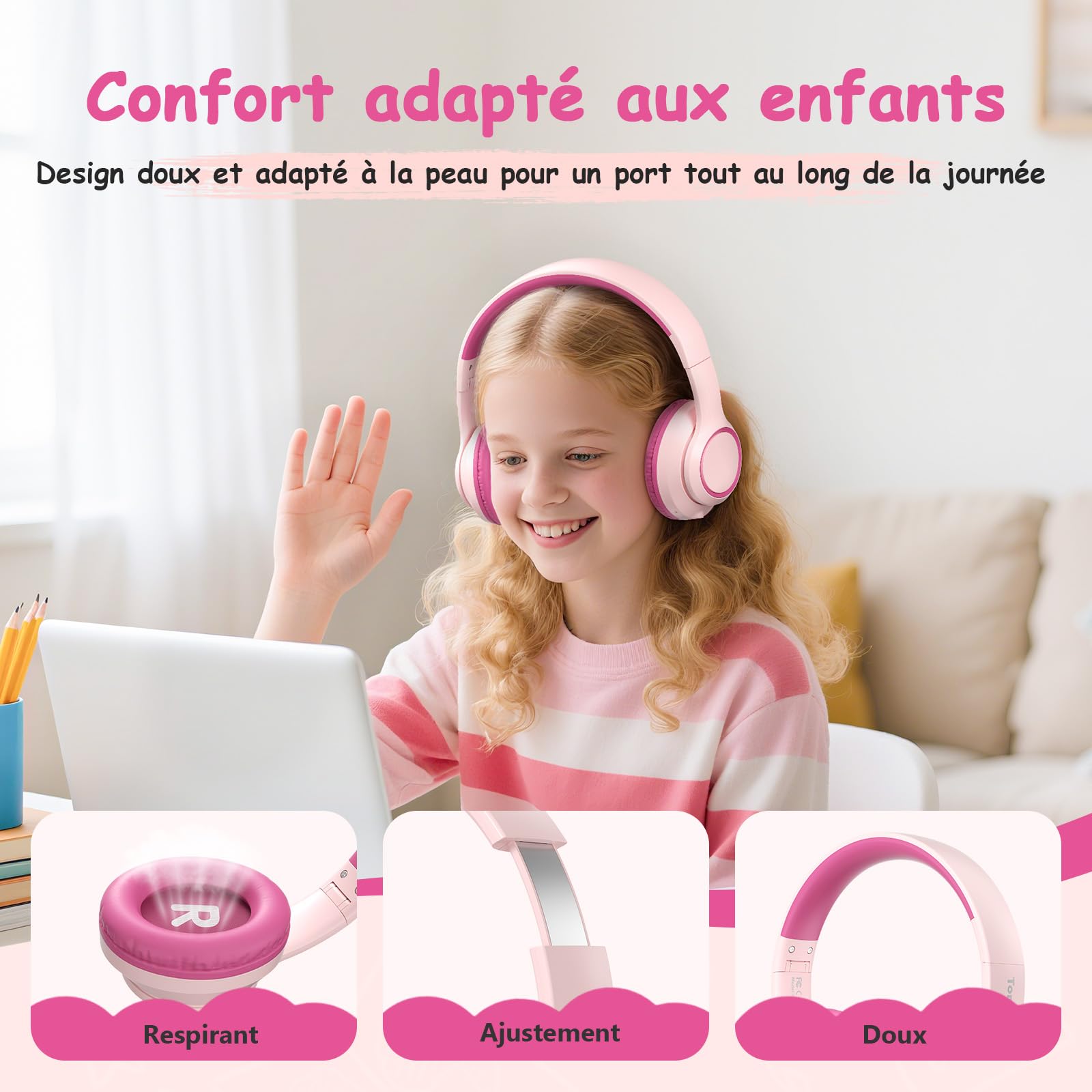 TONOSHARK Casque Bluetooth sans Fil Enfant, Casque Anti-Bruit Enfant Audio, 60h Autonomie, Micro Intégré, Over-Ear Bluetooth Headphones, pour école/Maison/Voyage – étui Inclus (Rose)