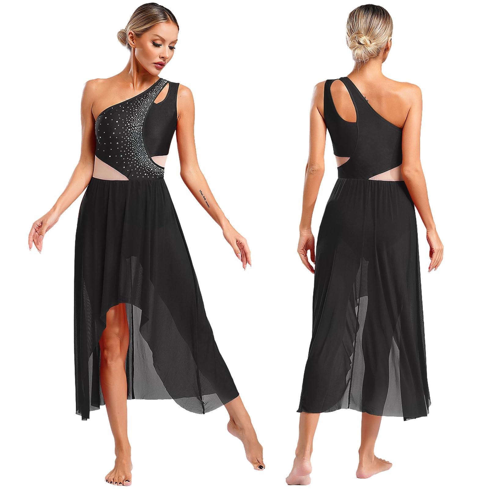 Lyrical Damen-Tanzkostüm, asymmetrisch, schulterfrei, durchsichtig, Netzstoff, gespleißtes Kleid