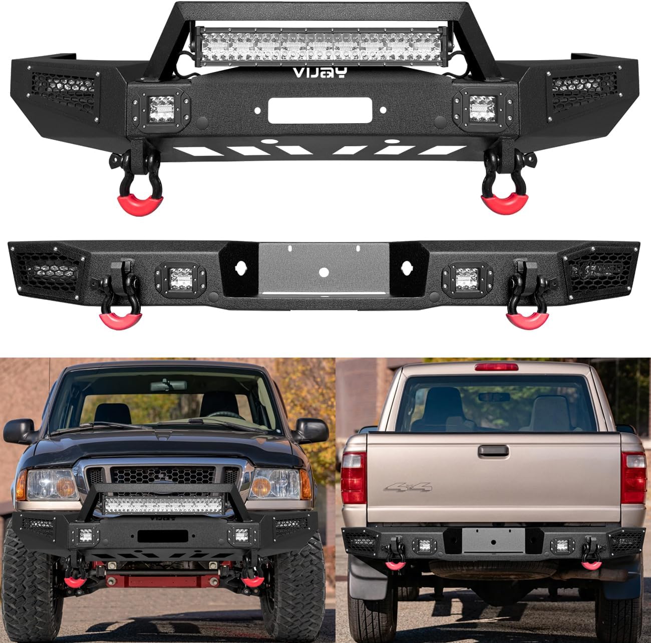 VIJAY Front and Rear Bumper Fits 1998-2011 Ford Ranger with Winch Plate and Lights