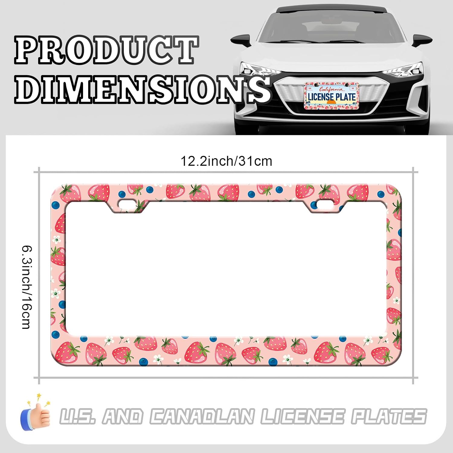 Strawberry License Plate Frame - 2PCS Cute Red Strawberry Blueberry Fruits Aluminium Metal License Plate Holder, Rust-Proof Waterproof Car Decorative Tag Frames image 2