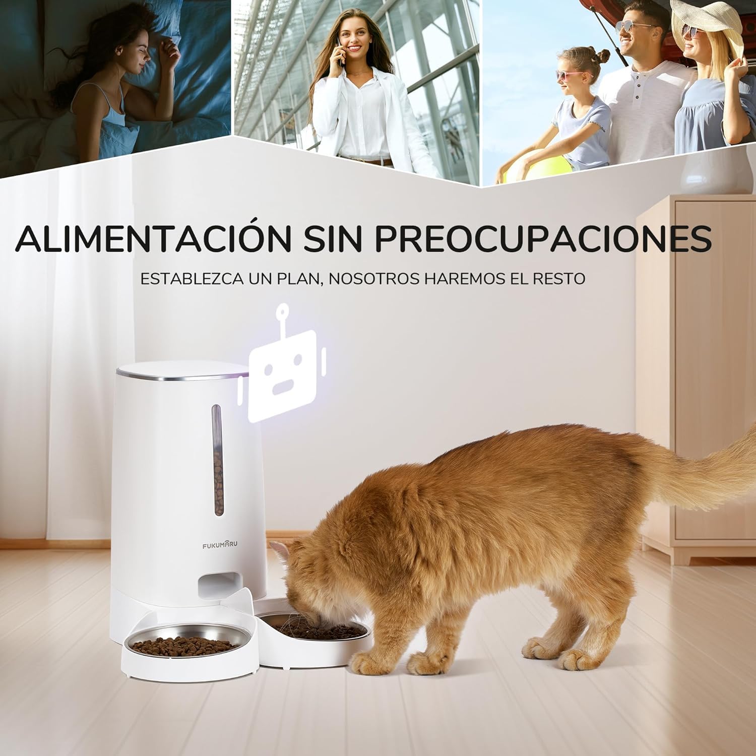 FUKUMARU Comedero automático para gatos, 4 L, con WiFi con doble tazón, dispensador automático de comida para gatos y perros, con horario personalizado, funciona con batería y electricidad por cable