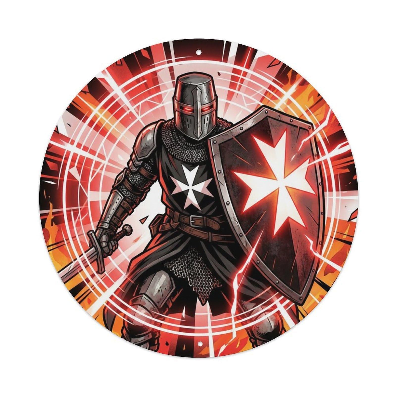 Anime Christian Warrior Medieval Hospitaller Knight Paladin Metal Tin Sign Plaque Wall Decor for Cafe, Man Cave, Club Bar, Office, Home Garden Round Metal Poster 8x8Inch