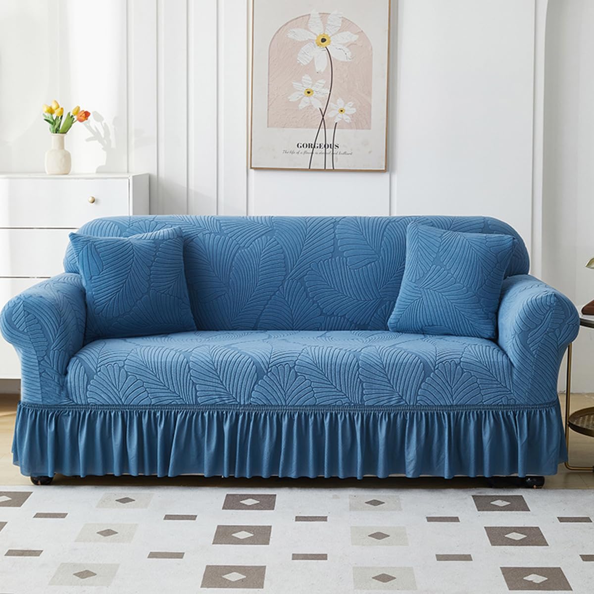 KAIJIE 1 Piece Double seat Textured Sofa Slipcover with Ruffle Skirt,Elastic Stretch Fabric，Leaf Pattern Design Thick Anti Slip Protective Cover C-02blue