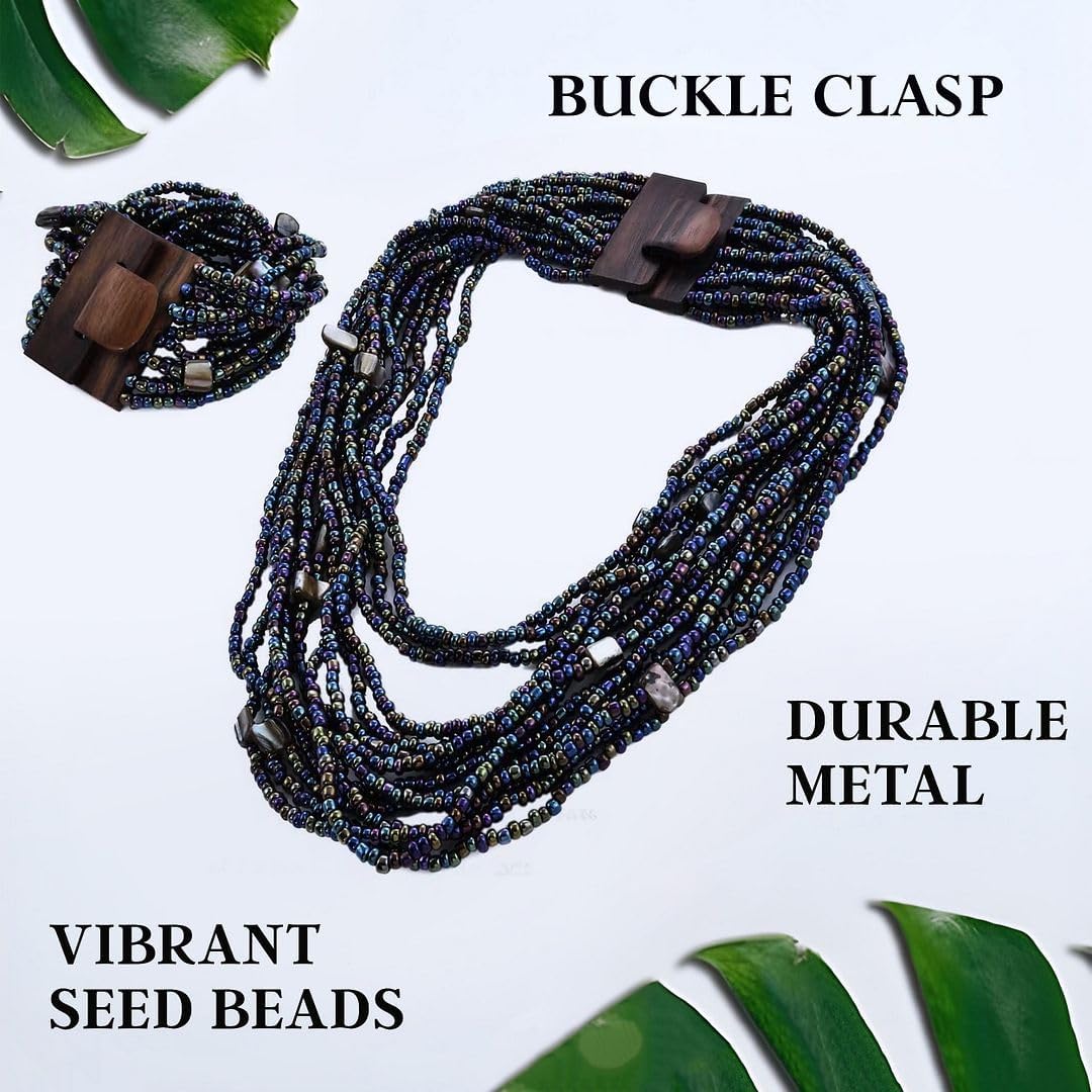 Handmade Seed Bead Necklace & Bracelet Set - Boho Jewelry for Women - Layered Multi Strand Beaded Jewelry w/Wooden Clasp - Necklace Length 18" - Strechable Bracelet Gifts for Womens