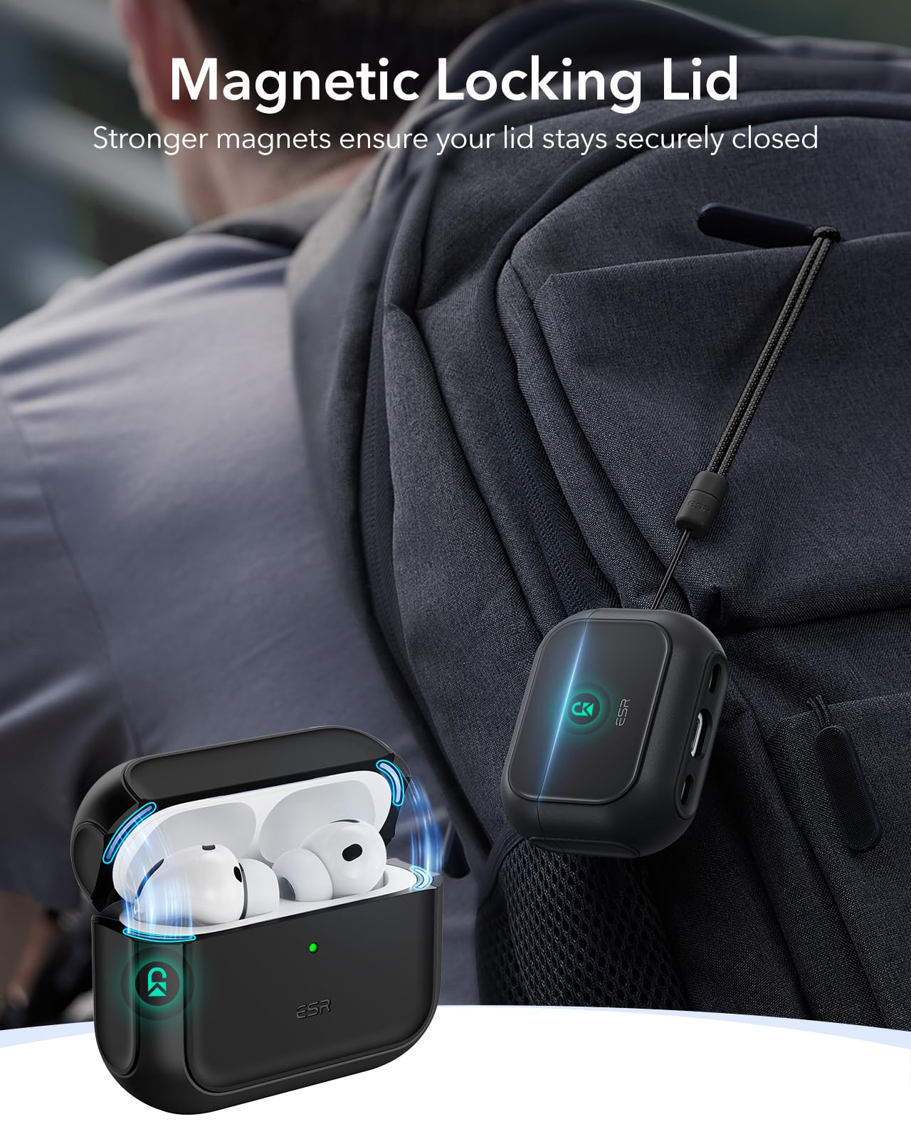 ESR Custodia per AirPods Pro 3, Compatibile con la custodia AirPods Pro di 3a Gen (2025), Compatibile con MagSafe, Protezione completa contro le cadute, Cordino incluso, Nero
