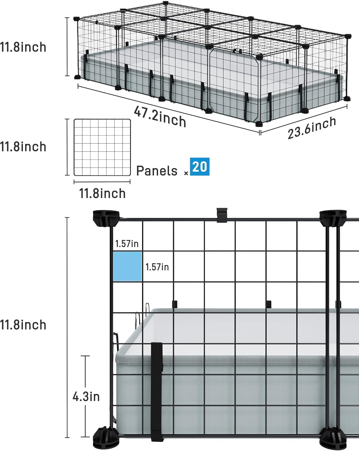 BUCATSTATE Gabbia per piccoli animali, 120 x 60 x 30 cm, griglia in metallo con 2 ante, 20 pannelli e tappetino impermeabile, box per porcellini d'India, conigli, ricci, cuccioli, gattini, galline