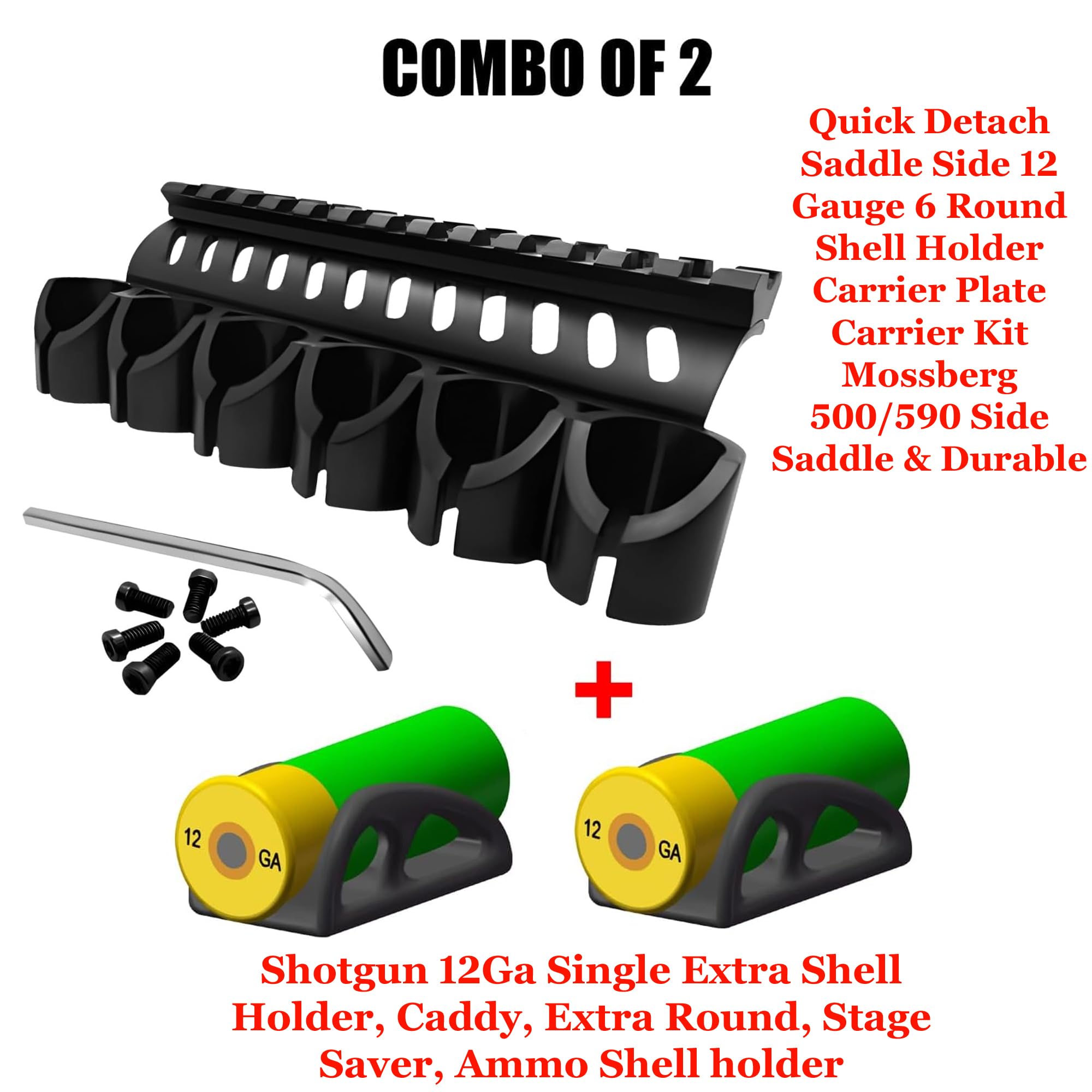 Combo of 2 | Shotgun 12Ga Single Extra Shell Holder, Extra Round, Stage Saver, Ammo Shell Holder & Quick Detach Saddle Side 12 Gauge 6 Round Carrier Plate Carrier Kit Mossberg 500/590 Side Saddle