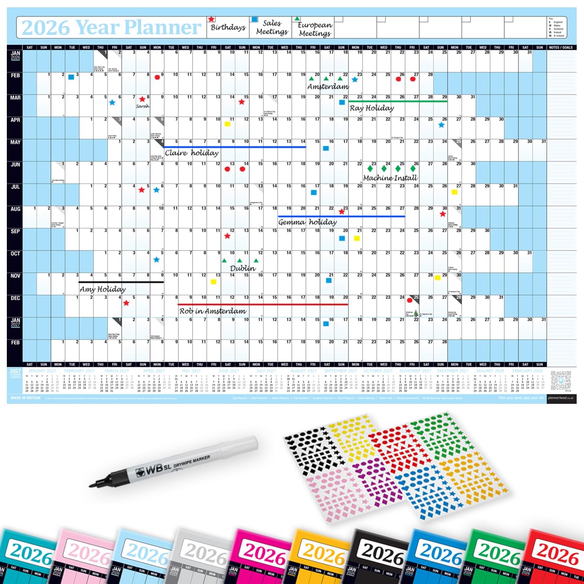 PlannerHead 2026 Laminated Wall Planner/Yearly Calendar 2026 UK & Ireland with Bank Holidays/Dry Wipe Pen & 400 Stickers / 2027 Footnote/Sky Blue Large (49x70cm) โ image 1